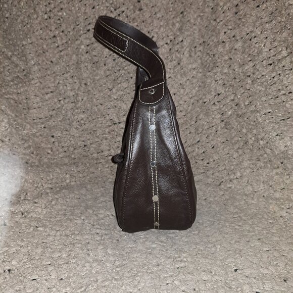 LONGCHAMP-Dark Brown Pebbled Leather Hobo/Baguette-Vintage-Logo Studs-Near Mint - Picture 7 of 13